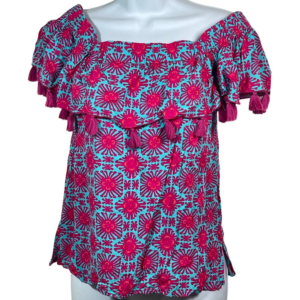 Escapada Living Pink Turquoise Tassel Ruffle Off Shoulder Top Med summer boho